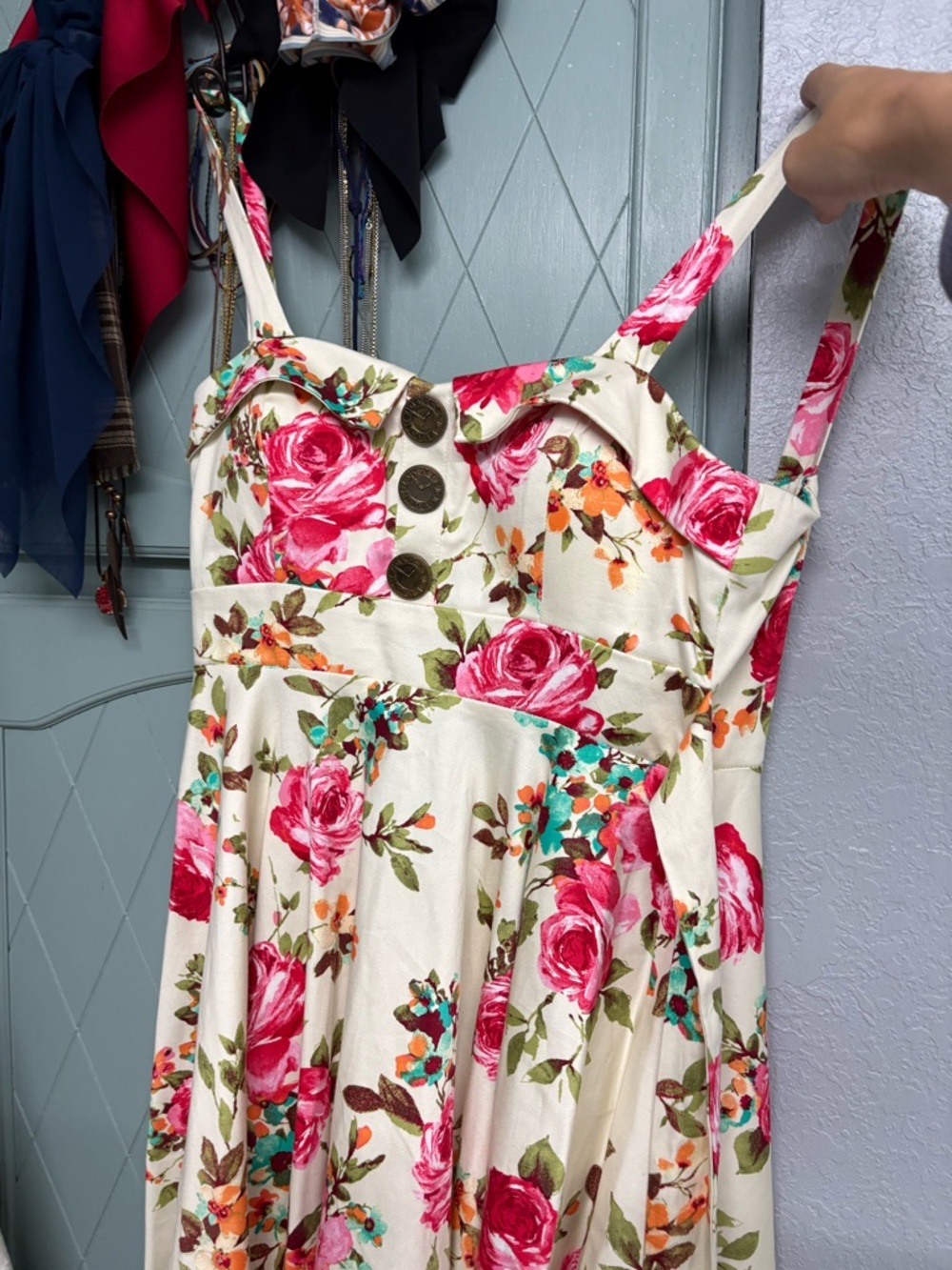 Floral Fit-and-Flare Sundress in Cream with Coral Roses